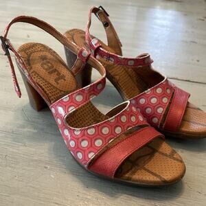The Art Company Coral Red White Polkadot Open Toe Slingback Block Heel Sandal 9